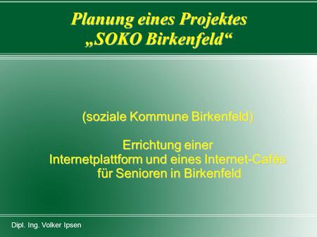 Planung eines Projektes „SOKO Birkenfeld“ (soziale Kommune Birkenfeld) Errichtung einer Internetplattform und eines Internet-Cafés für Senioren in Birkenfeld.