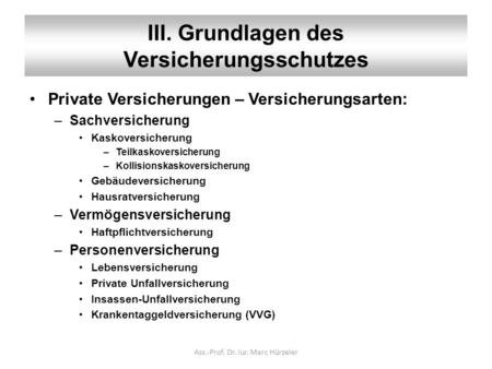 III. Grundlagen des Versicherungsschutzes Private Versicherungen – Versicherungsarten: –Sachversicherung Kaskoversicherung –Teilkaskoversicherung –Kollisionskaskoversicherung.