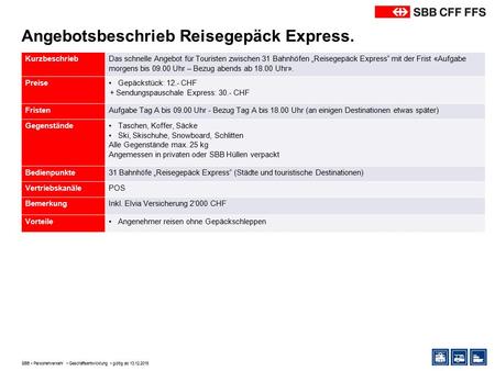 Angebotsbeschrieb Reisegepäck Express. SBB Personenverkehr Geschäftsentwicklung gültig ab 13.12.2015 Kurzbeschrieb Das schnelle Angebot für Touristen zwischen.