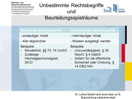 Unbestimmte Rechtsbegriffe und Beurteilungsspielräume Dr. Lothar Gellert nach einer Idee von S. Brandenburg weiterentwickelt Bestimmte RechtsbegriffeUnbestimmte.