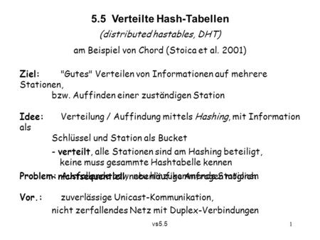 Vs5.5 1 5.5 Verteilte Hash-Tabellen (distributed hastables, DHT) am Beispiel von Chord (Stoica et al. 2001) Ziel:Gutes Verteilen von Informationen auf.
