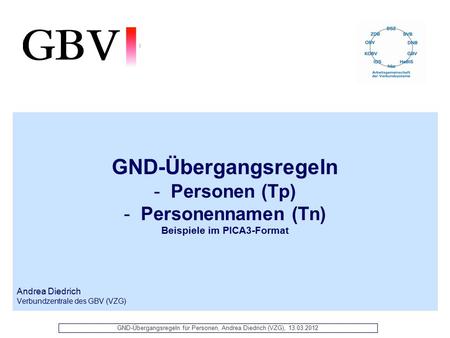 GND-Übergangsregeln für Personen, Andrea Diedrich (VZG), 13.03.2012 GND-Übergangsregeln -Personen (Tp) -Personennamen (Tn) Beispiele im PICA3-Format Andrea.