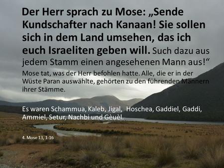 Der Herr sprach zu Mose: „Sende Kundschafter nach Kanaan! Sie sollen sich in dem Land umsehen, das ich euch Israeliten geben will. Such dazu aus jedem.