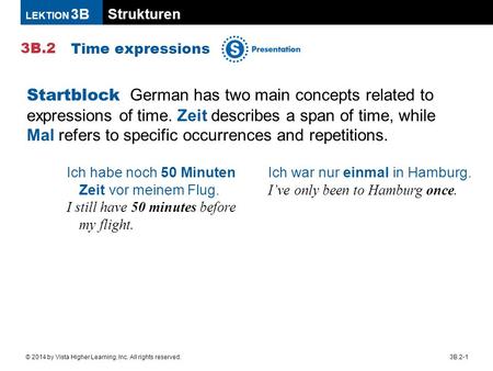 Strukturen 3B.2 LEKTION 3B 3B.2-1© 2014 by Vista Higher Learning, Inc. All rights reserved. Time expressions Startblock German has two main concepts related.
