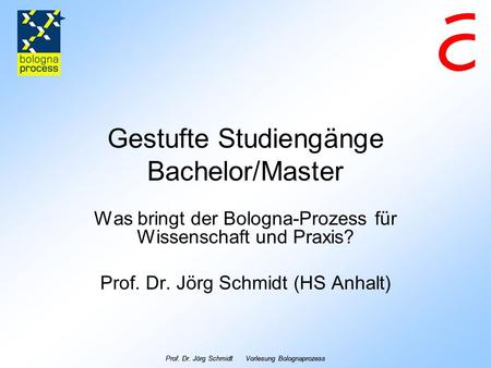 Prof. Dr. Jörg Schmidt Vorlesung Bolognaprozess Gestufte Studiengänge Bachelor/Master Was bringt der Bologna-Prozess für Wissenschaft und Praxis? Prof.