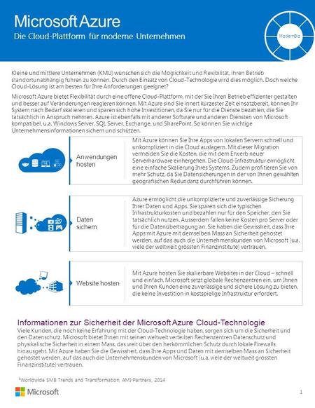 Microsoft Azure Die Cloud-Plattform für moderne Unternehmen ModernBiz 1 Kleine und mittlere Unternehmen (KMU) wünschen sich die Möglichkeit und Flexibilität,