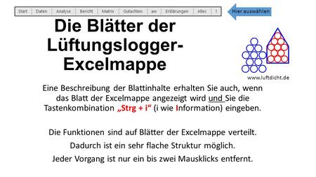 Die Blätter der Lüftungslogger- Excelmappe Eine Beschreibung der Blattinhalte erhalten Sie auch, wenn das Blatt der Excelmappe angezeigt wird und Sie die.