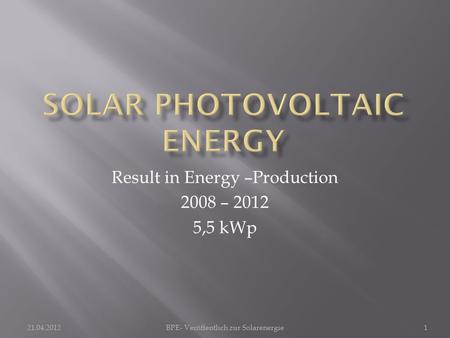 BPE- Veröffentlich zur Solarenergie1 Result in Energy –Production 2008 – ,5 kWp.