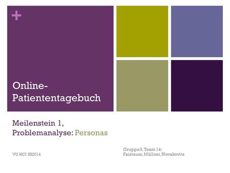 + Meilenstein 1, Problemanalyse: Personas Gruppe3, Team 14: Faistauer, Müllner, Novakovits VU HCI SS2014 Online- Patiententagebuch.