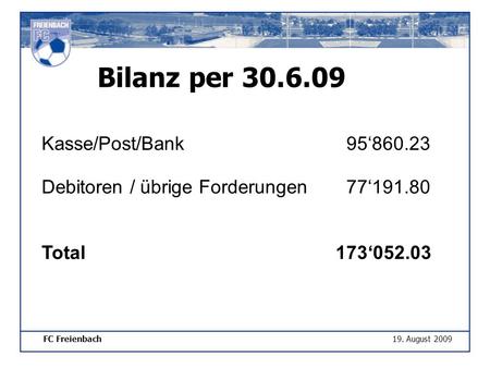 FC Freienbach Bilanz per August 2009 Kasse/Post/Bank 95‘ Debitoren / übrige Forderungen 77‘ Total 173‘