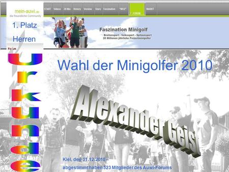 Wahl der Minigolfer 2010 Kiel, den 31.12.2010 – abgestimmt haben 523 Mitglieder des Auwi-Forums 1. Platz Herren.