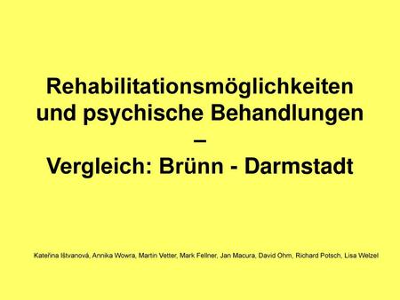 Rehabilitationsmöglichkeiten und psychische Behandlungen – Vergleich: Brünn - Darmstadt Kateřina Ištvanová, Annika Wowra, Martin Vetter, Mark Fellner,