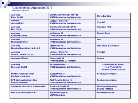 Ausstellerliste Autosalon 2017 Änderungen vorbehalten!