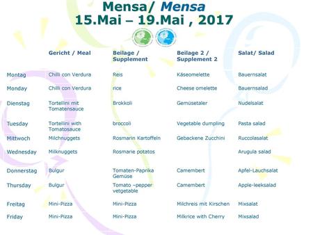Mensa/ Mensa 15.Mai – 19.Mai , 2017 Gericht / Meal Beilage /
