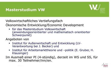 Masterstudium VW Volkswirtschaftliches Vertiefungsfach