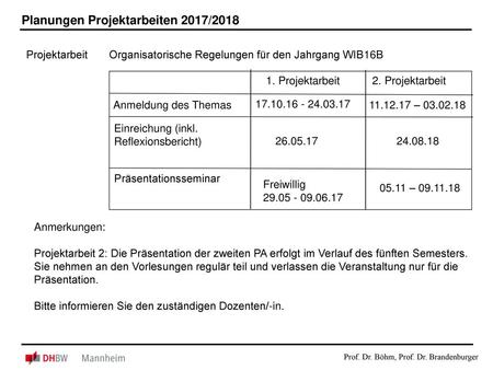 Planungen Projektarbeiten 2017/2018