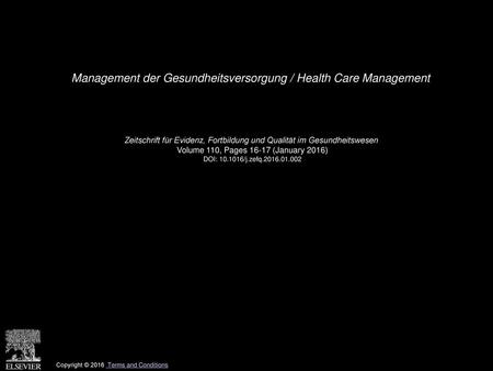 Management der Gesundheitsversorgung / Health Care Management