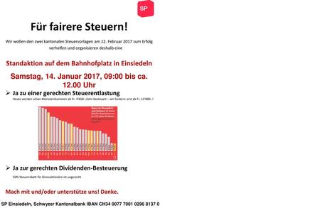 Für fairere Steuern! Standaktion auf dem Bahnhofplatz in Einsiedeln