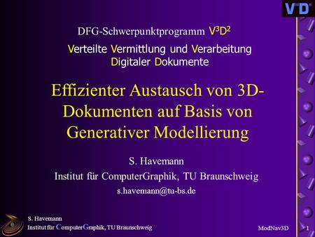 Institut für C omputer G raphik, TU Braunschweig ModNav3D S. Havemann 1 Effizienter Austausch von 3D- Dokumenten auf Basis von Generativer Modellierung.