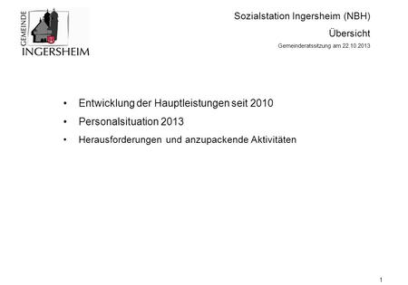 Sozialstation Ingersheim (NBH) Übersicht Gemeinderatssitzung am 22.10.2013 Entwicklung der Hauptleistungen seit 2010 Personalsituation 2013 Herausforderungen.