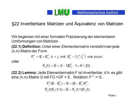 §22 Invertierbare Matrizen und Äquivalenz von Matrizen