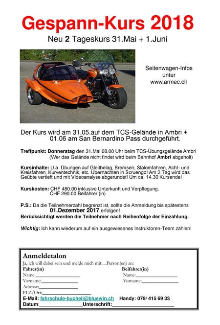 Gespann-Kurs 2018 Neu 2 Tageskurs 31.Mai + 1.Juni