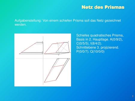 Netz des Prismas Aufgabenstellung: Von einem schiefen Prisma soll das Netz gezeichnet werden. Schiefes quadratisches Prisma, Basis in 2. Hauptlage. A(0/9/2),