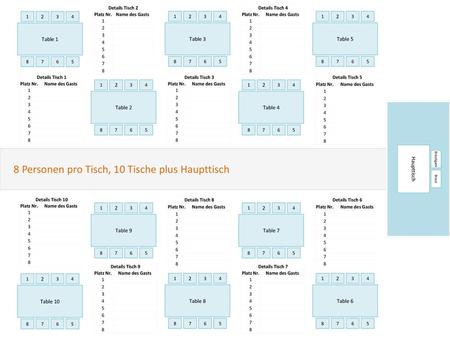 8 Personen pro Tisch, 10 Tische plus Haupttisch