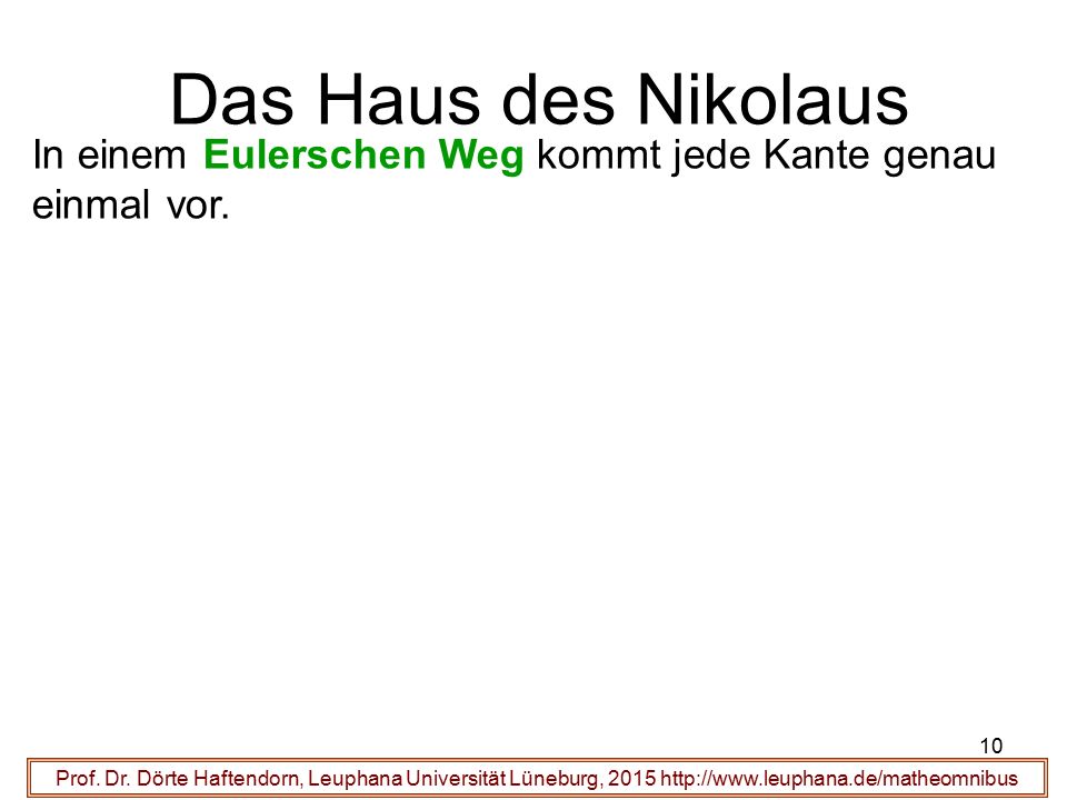 Das Haus des Nikolaus In einem Eulerschen Weg kommt jede Kante genau einmal vor.