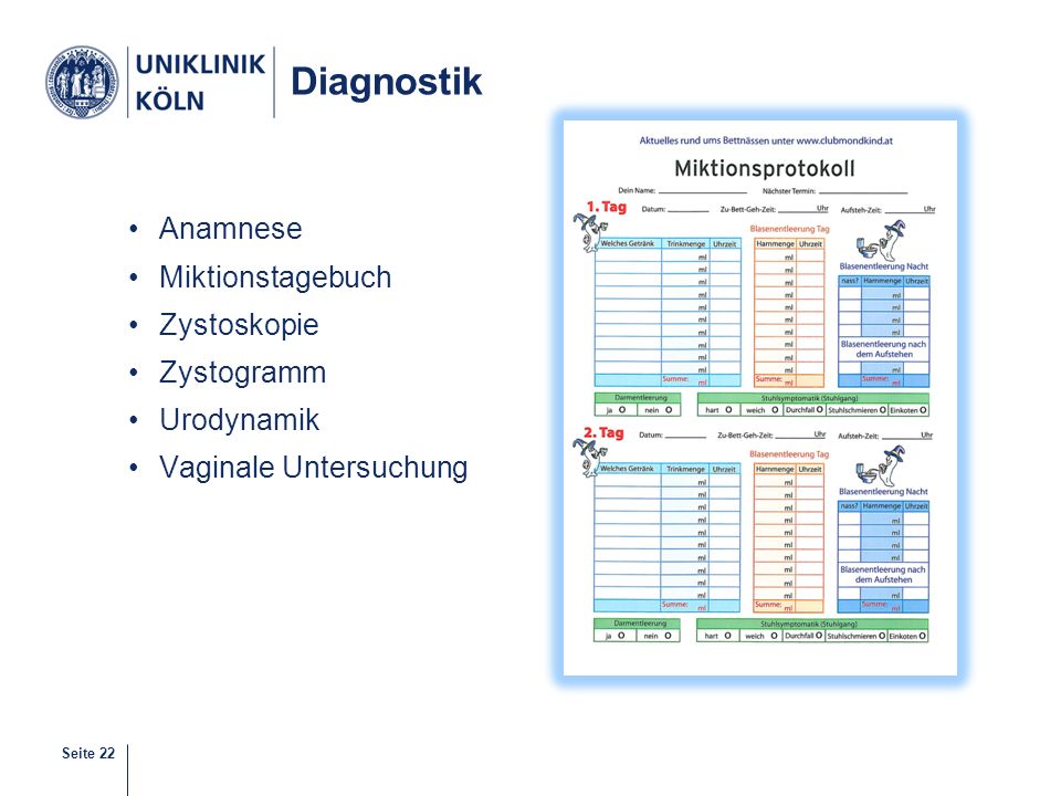 Diagnostik Anamnese Miktionstagebuch Zystoskopie Zystogramm Urodynamik