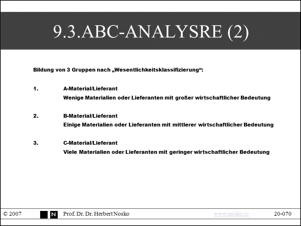 9.3.ABC-ANALYSRE (2) Bildung von 3 Gruppen nach „Wesentlichkeitsklassifizierung : 1. A-Material/Lieferant.