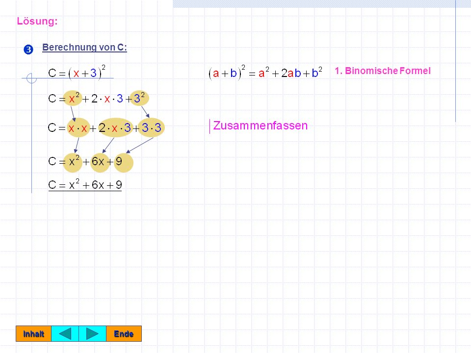 Lösung: Ž Berechnung von C: 1. Binomische Formel Inhalt Ende