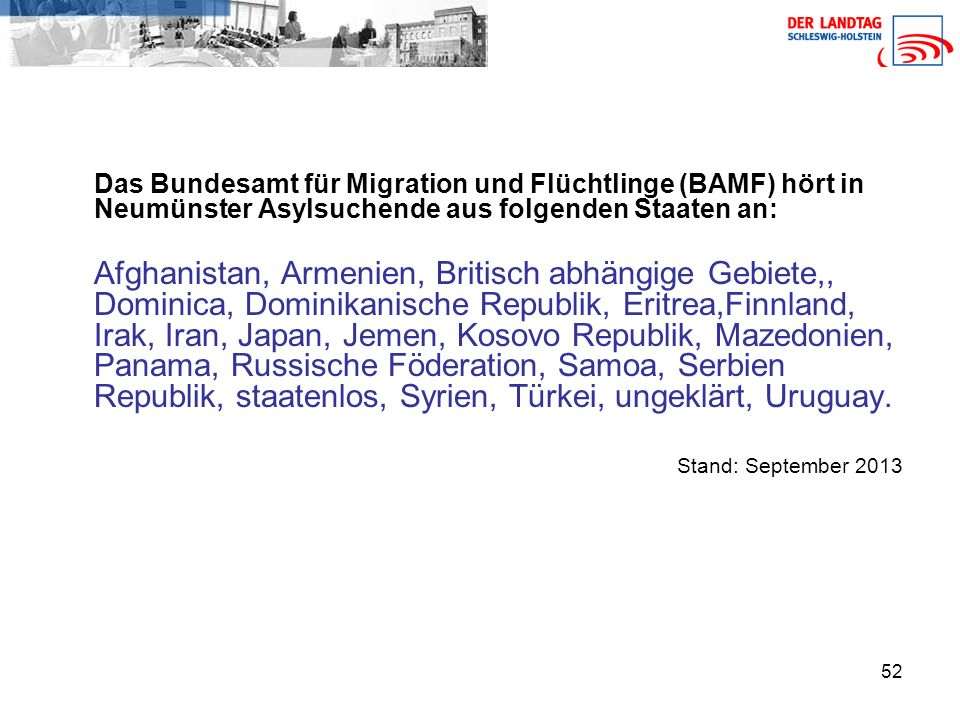 Das Bundesamt für Migration und Flüchtlinge (BAMF) hört in Neumünster Asylsuchende aus folgenden Staaten an:
