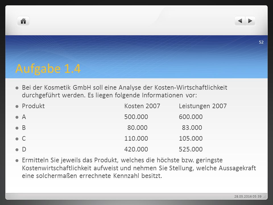 Aufgabe 1.4 Bei der Kosmetik GmbH soll eine Analyse der Kosten-Wirtschaftlichkeit durchgeführt werden. Es liegen folgende Informationen vor: