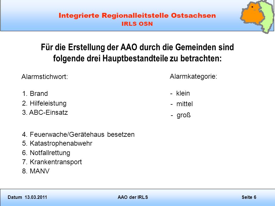 Für die Erstellung der AAO durch die Gemeinden sind folgende drei Hauptbestandteile zu betrachten: