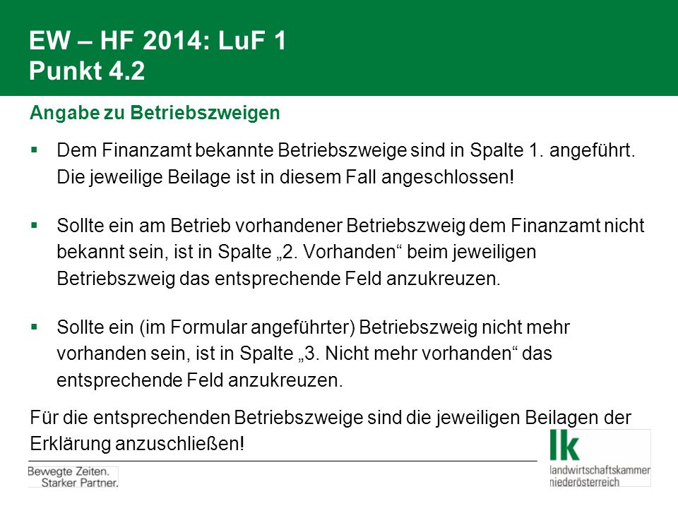EW – HF 2014: LuF 1 Punkt 4.2 Angabe zu Betriebszweigen