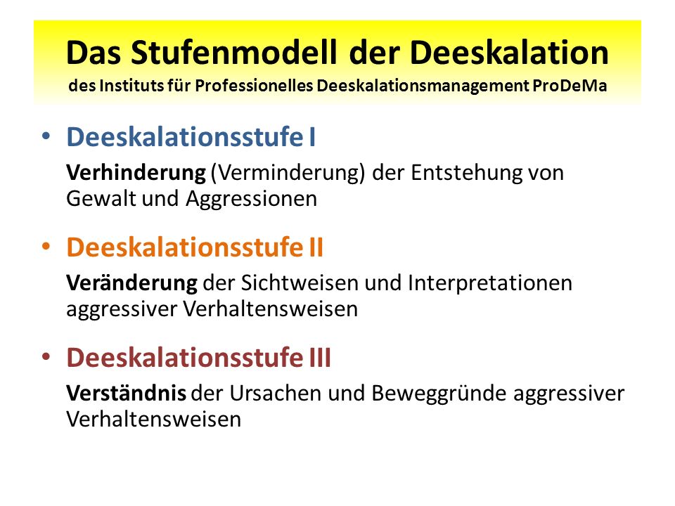 Das Stufenmodell der Deeskalation des Instituts für Professionelles Deeskalationsmanagement ProDeMa