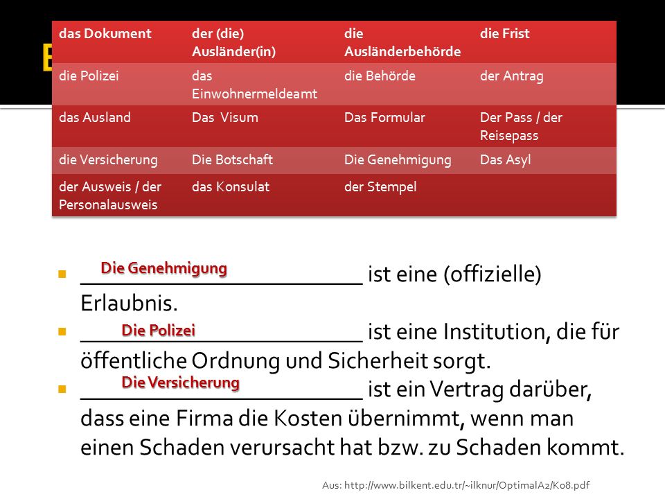 Ergänzen Sie. das Dokument. der (die) Ausländer(in) die Ausländerbehörde. die Frist. die Polizei.
