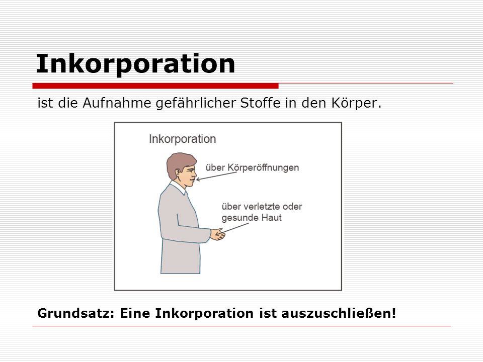 Inkorporation ist die Aufnahme gefährlicher Stoffe in den Körper.
