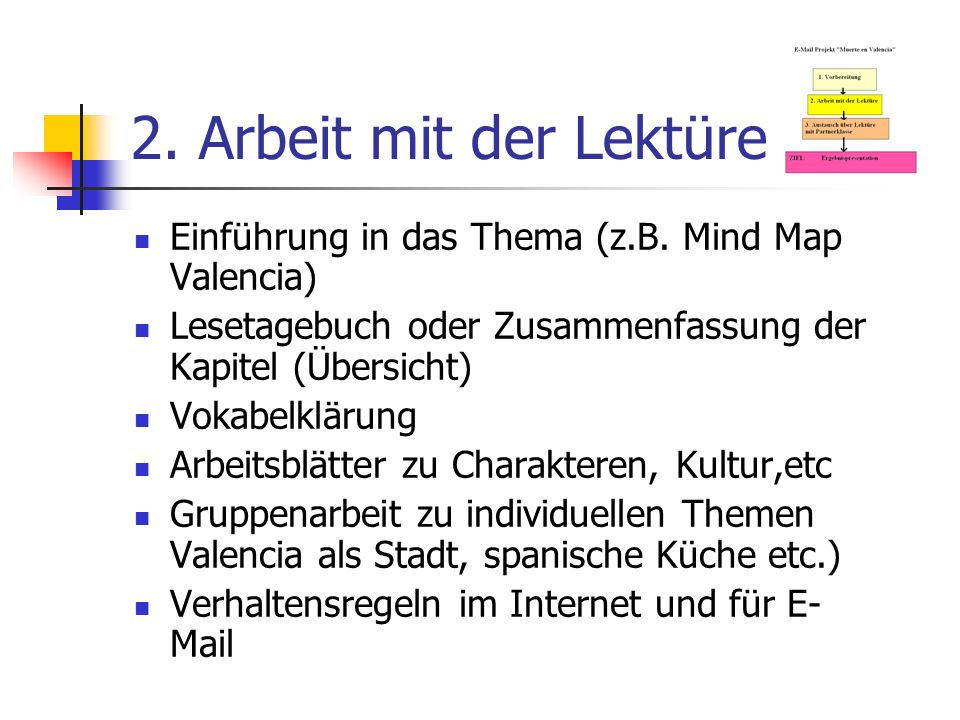 2. Arbeit mit der Lektüre Einführung in das Thema (z.B. Mind Map Valencia) Lesetagebuch oder Zusammenfassung der Kapitel (Übersicht)