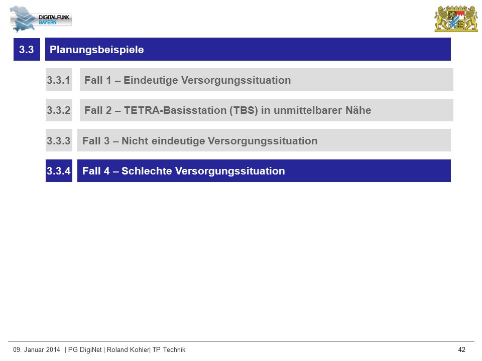 3.3 Planungsbeispiele Fall 1 – Eindeutige Versorgungssituation Fall 2 – TETRA-Basisstation (TBS) in unmittelbarer Nähe.