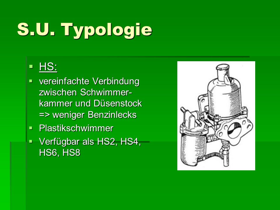 S.U. Typologie HS: vereinfachte Verbindung zwischen Schwimmer-kammer und Düsenstock => weniger Benzinlecks.
