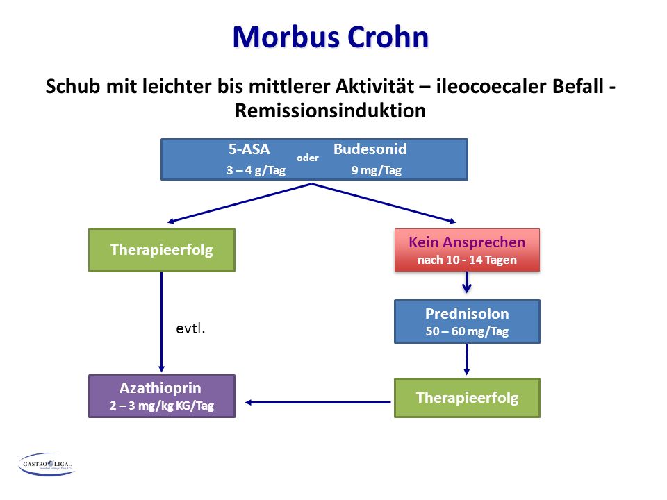 ) Morbus Crohn. Schub mit leichter bis mittlerer Aktivität – ileocoecaler Befall - Remissionsinduktion.