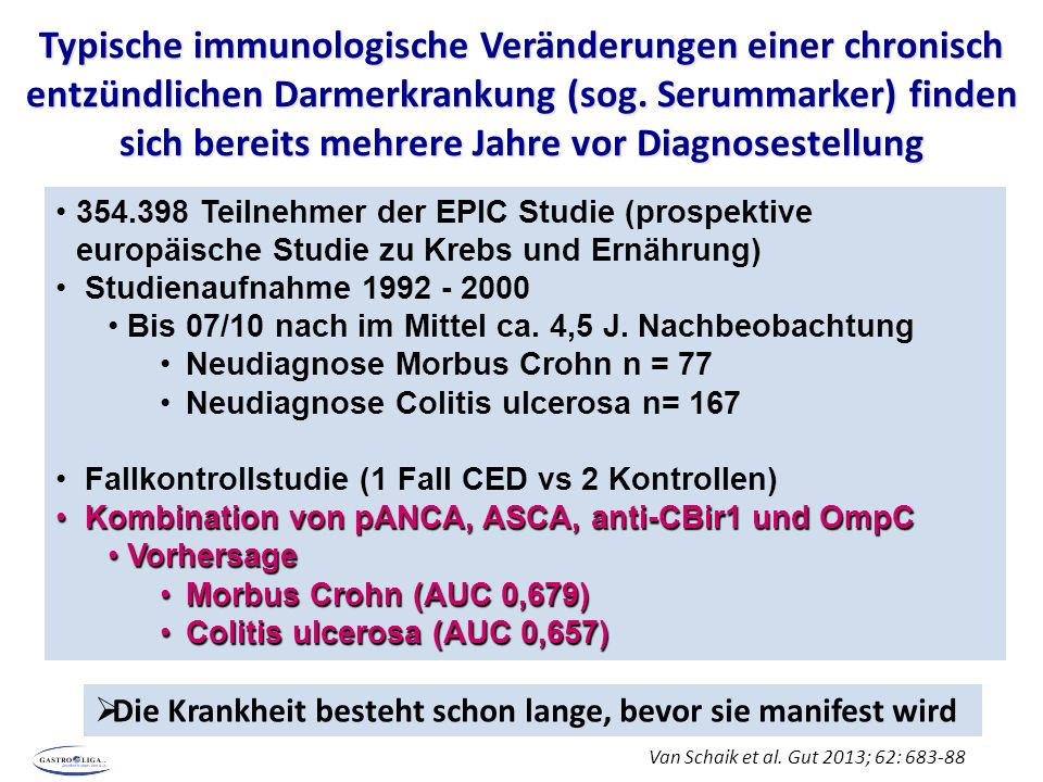 Typische immunologische Veränderungen einer chronisch entzündlichen Darmerkrankung (sog. Serummarker) finden sich bereits mehrere Jahre vor Diagnosestellung