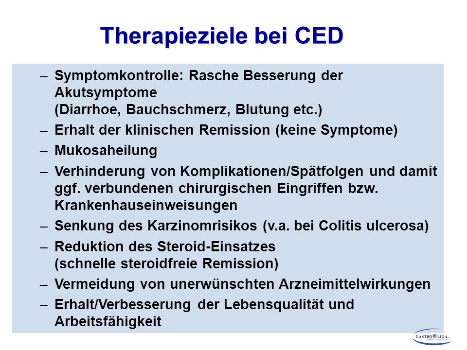 Therapieziele bei CED Symptomkontrolle: Rasche Besserung der Akutsymptome (Diarrhoe, Bauchschmerz, Blutung etc.)