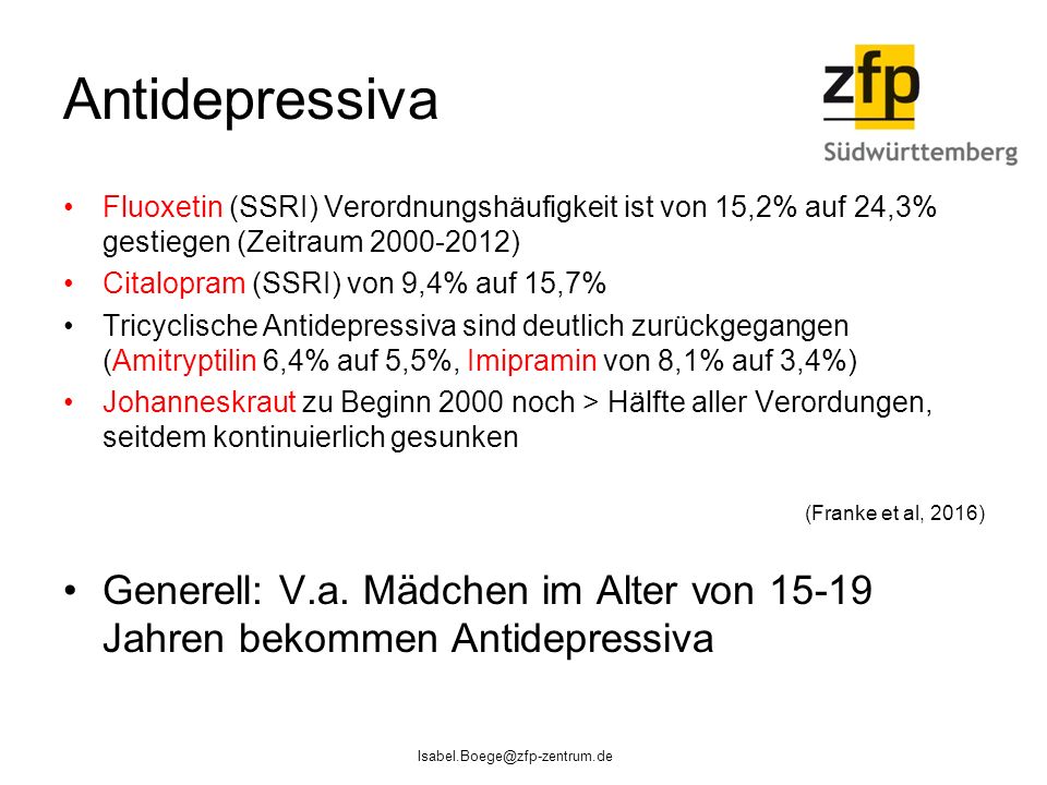 Antidepressiva Fluoxetin (SSRI) Verordnungshäufigkeit ist von 15,2% auf 24,3% gestiegen (Zeitraum )