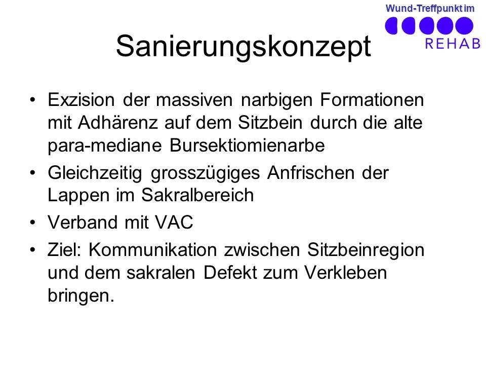 Sanierungskonzept Exzision der massiven narbigen Formationen mit Adhärenz auf dem Sitzbein durch die alte para-mediane Bursektiomienarbe.