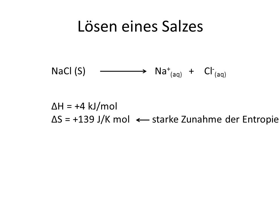 Lösen eines Salzes NaCl (S) Na+(aq) + Cl-(aq) ΔH = +4 kJ/mol