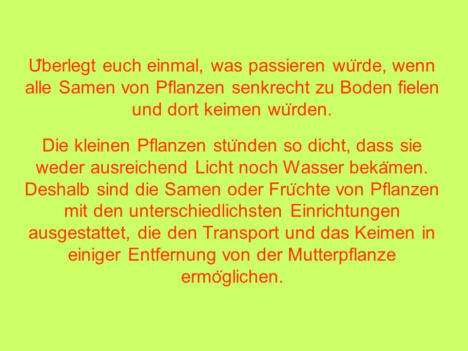Überlegt euch einmal, was passieren würde, wenn alle Samen von Pflanzen senkrecht zu Boden fielen und dort keimen würden.