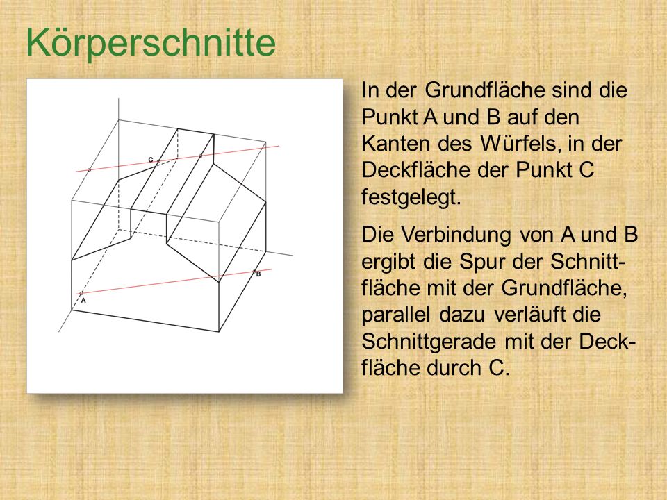Körperschnitte In der Grundfläche sind die Punkt A und B auf den Kanten des Würfels, in der Deckfläche der Punkt C festgelegt.